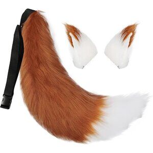 🆕 Women White Faux Fur Wolf Fox Tail Clip Ears Kit Halloween Animal Costume Set